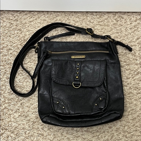 Stone & Co. Handbags - Stone & Co. Black Faux Leather Crossbody Shoulder Bag with Gold Hardware